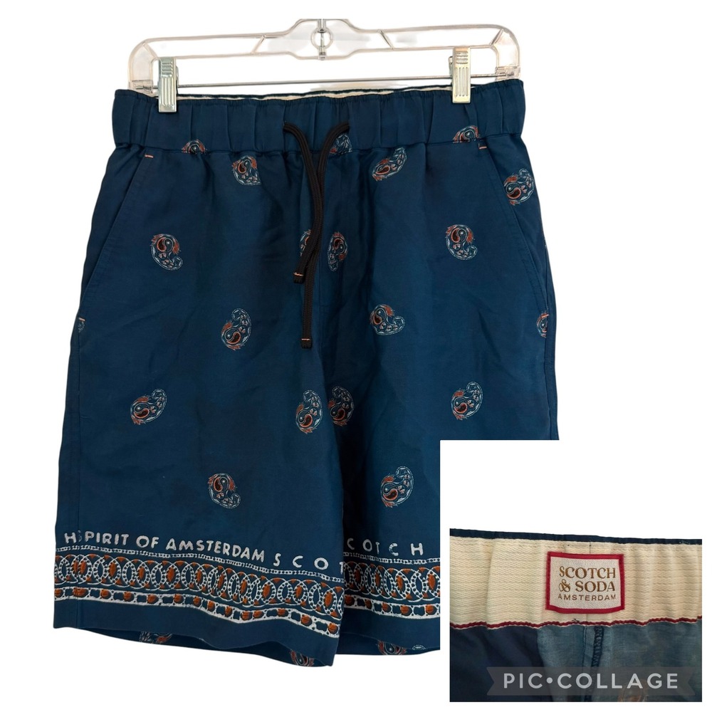 Scotch & Soda Mens Spirit of Amsterdam Paisley Tencel Shorts Navy Blue Small